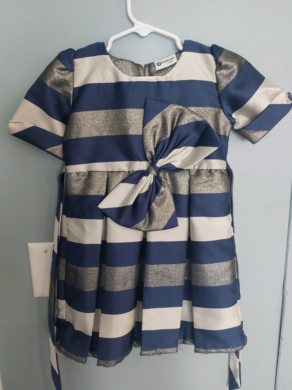 Peppermint Blue, White and Metallic Striped Bow-Front Dress